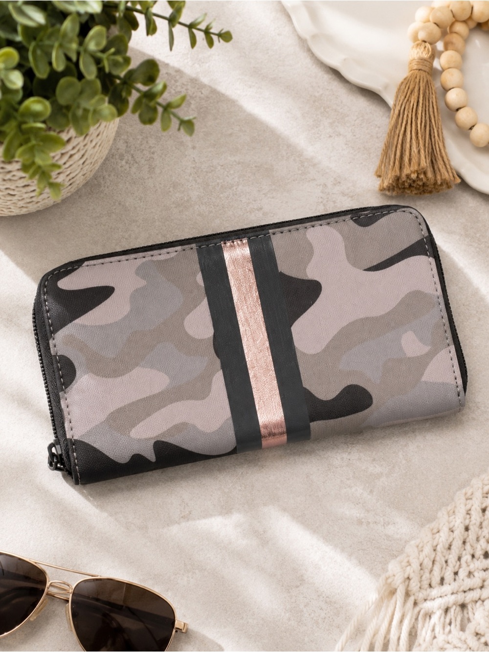 Haute Shore Cash Safari Taupe Camo Zip Around Wallet Rose Gold NWT